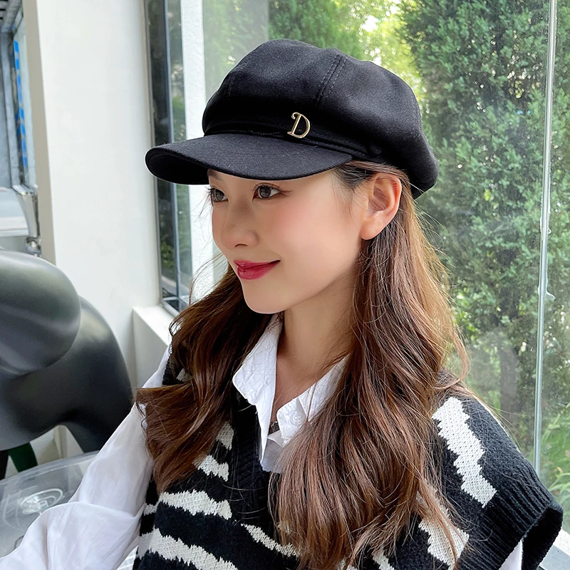 Women's Fashion Octagonal Cap D Letter Decoration Solid Simply Artist Painter Hats High Quality Drop Shipping