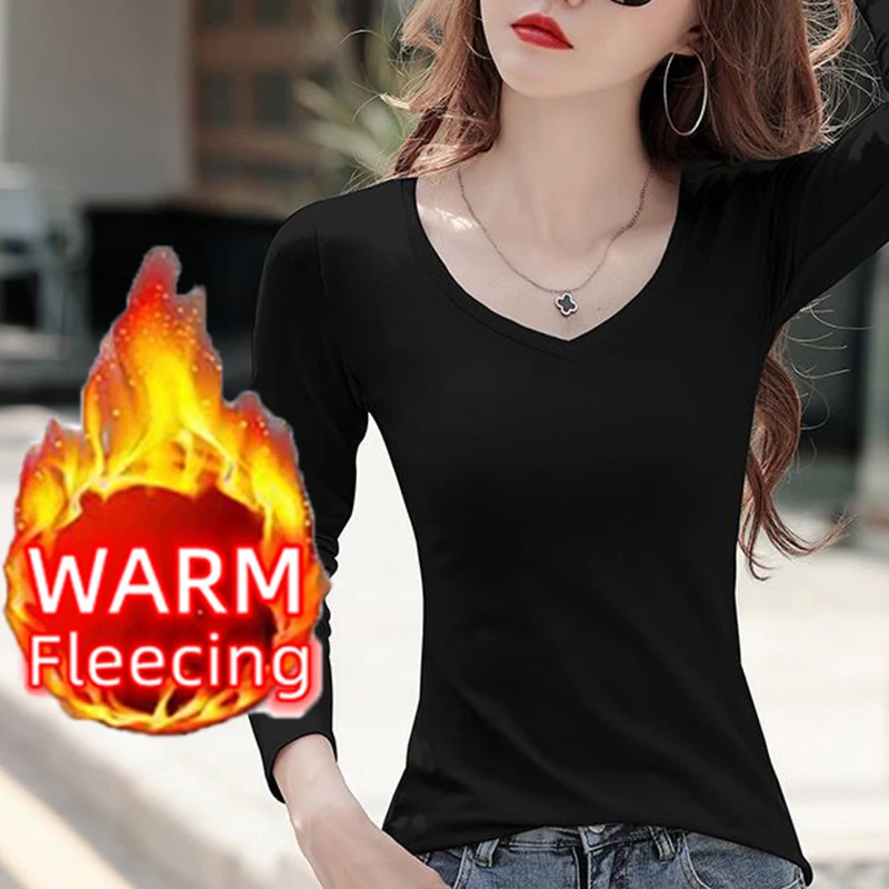 O Neck Long Sleeve Winter Bottoming Tops Black Casual Solid Basic Velvet Heating Fiber Thermal T-Shirts Women Clothing Simple