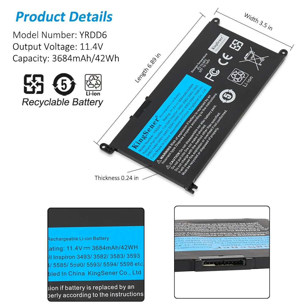 Kingsener Yrdd6 Bateria para Dell Inspiron 5480 5481 5485 5491 5591 5593 3583 3310 2-em1 3493 3582 3593 3793 5584 5493 5585 - Imagem 3