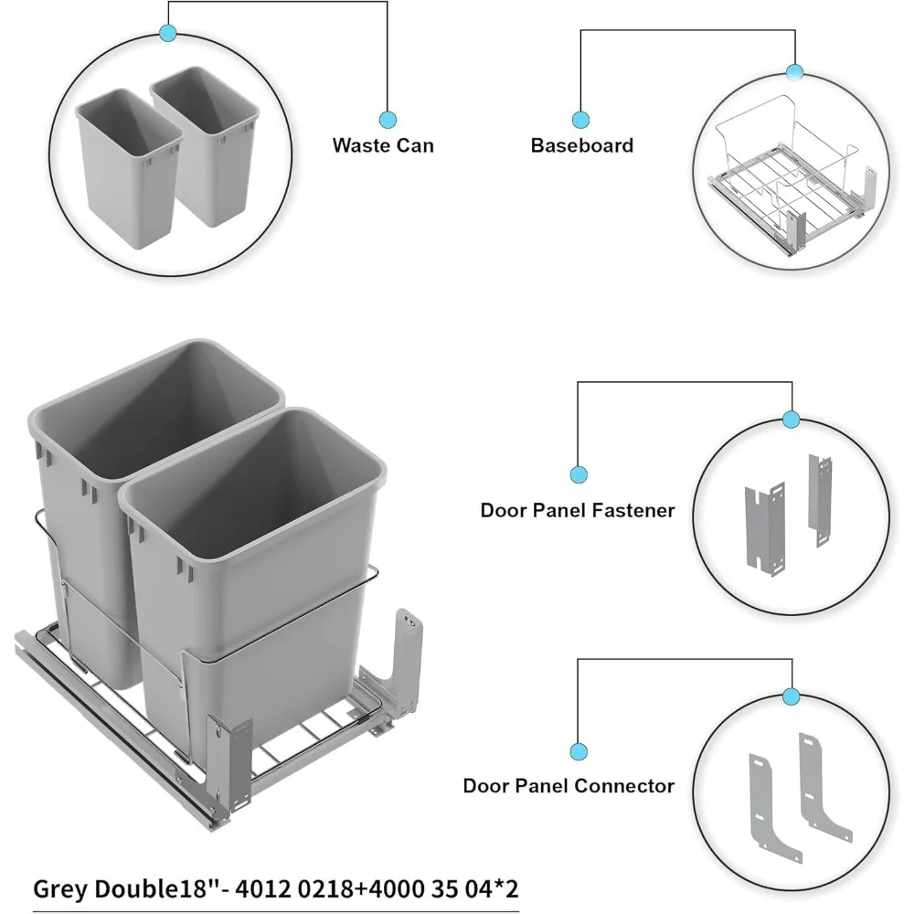 Bottom Mount Pull-Out Waste Container With Door Mounting Kit - Pull-Out Wire Basket-Grey 2 Waste Can-for 18" Frameles 5