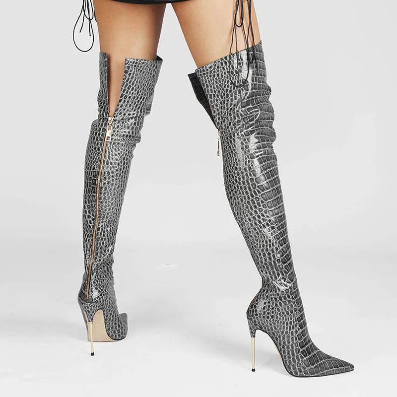 

Designer Women Shoes PVC Leather Chaussure Femme Motorcycle Knee Boots Biker Combat Botines Zapatos Point Toe Thin Heels