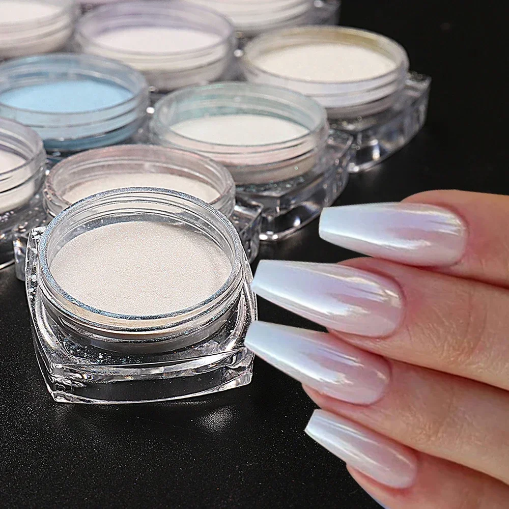 Nail Powder Pigment Decoration Colorful Aurora Chrome Pearl Shell White High Glossy Rubbing Dust Holographic Glimmer