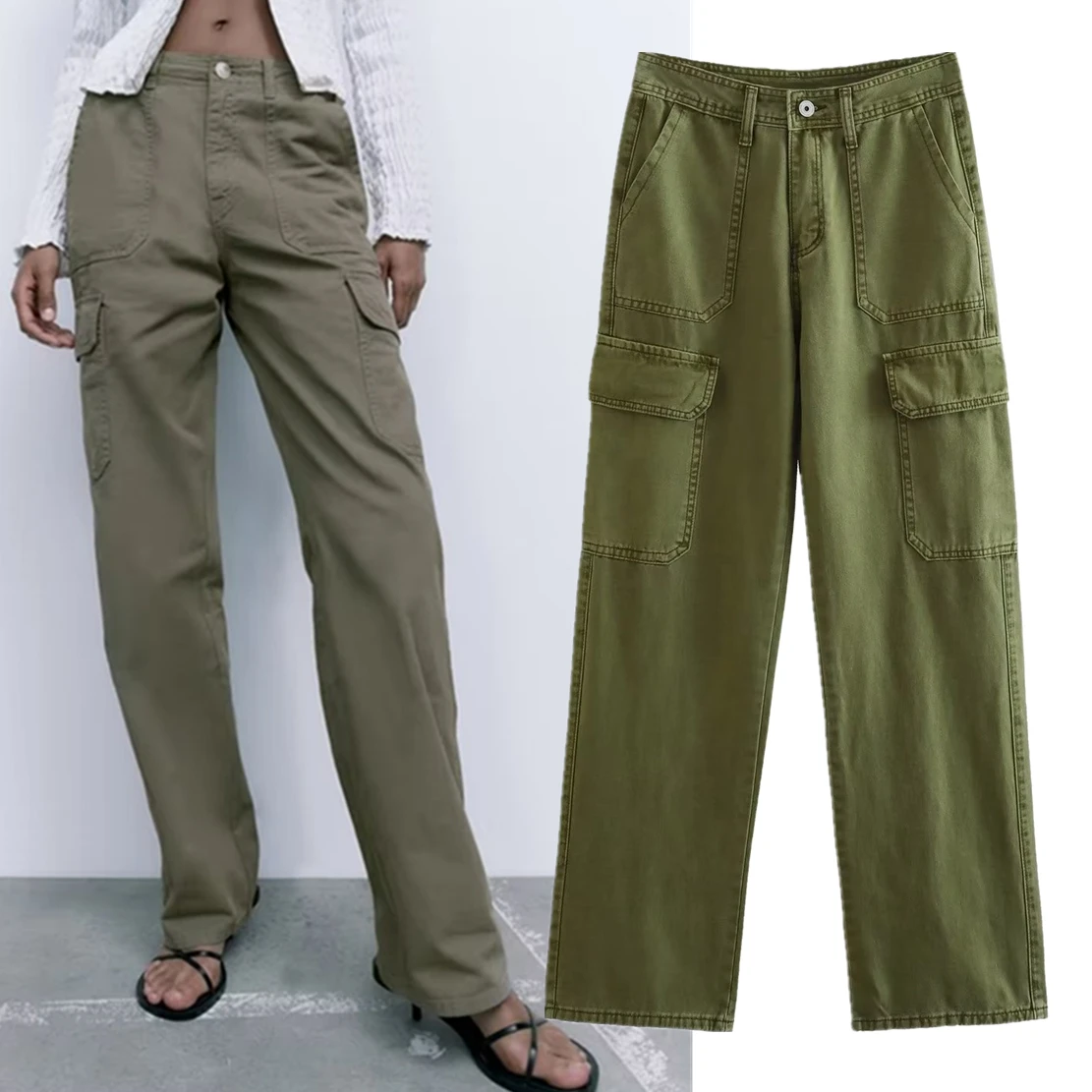 Withered Fashion Vintage Loose Casual Trousers Women Ladies Pockets Cargo Pants