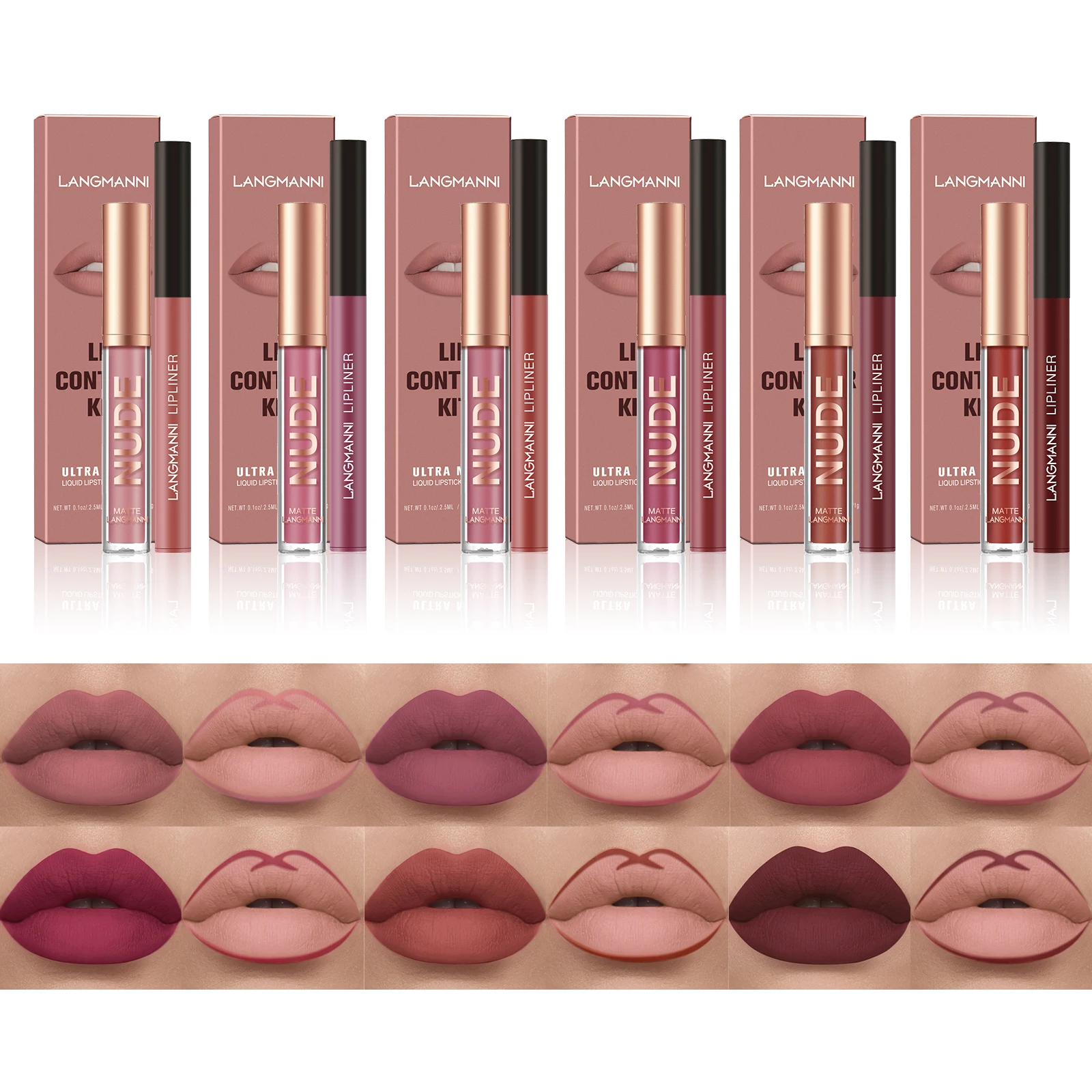 2 Piece Lip Gloss Lip Liner Set Matte Finish Non stick Cup Long Lasting Color Liner Combo Defined Lips