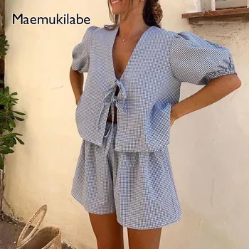 Maemukilabe Y2K Vintage Plaid Outfit Loose V Neck Puff Sleeve Front Tie-Up Blouse Top + Shorts Women 2 Piece Lounge Matching Set 1