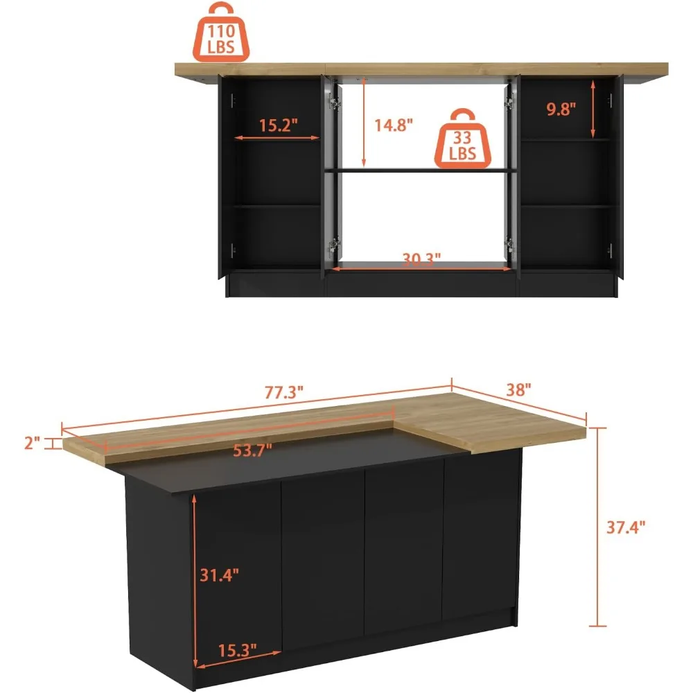 77.3" W Kitchen Island with Shelves & 6 Doors, Large L-Shape Wood Top Buffet Cabinet, Dining Table with Storage for 4-6 People 2