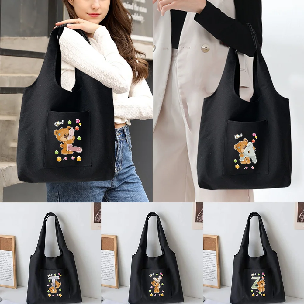 

Trendy Shopping Bags Foldable Ladies Canvas Shoulder Bags Bear Initials Printed Student Shopper Bags Travel Totes Work Handbag