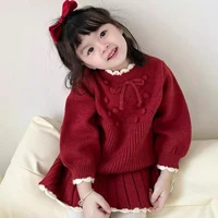 Baby New Year Party Set Christmas Knitted Sweet Suit Infant Clothes New Baby Girl Knitting Set Ball Knitted Pullover+Skirt 2PCS