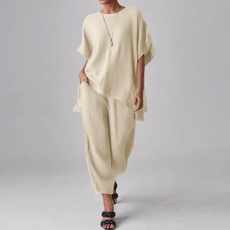 

Simple Casual Solid Cotton Linen Two Piece Sets Women Spring Crew Neck Short Sleeve Tops Pullover Suit Autumn Long Pants Outfits