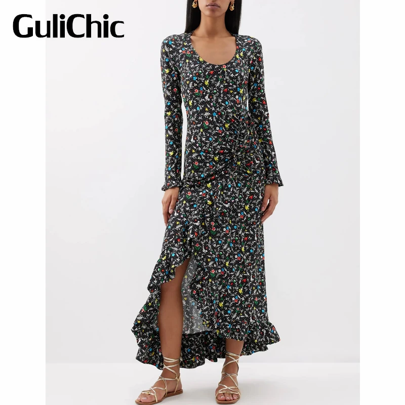

9.5 GuliChic Women Elegant Temperament Floral Print Backless Collect Waist Ruffle Maxi Dress