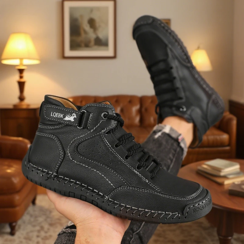 New 2025 Autumn Handmade Leather Men's Boots Design Sneakers Man Breathable Casual Softer Shoes Men Ankle Boots Outdoor Boats