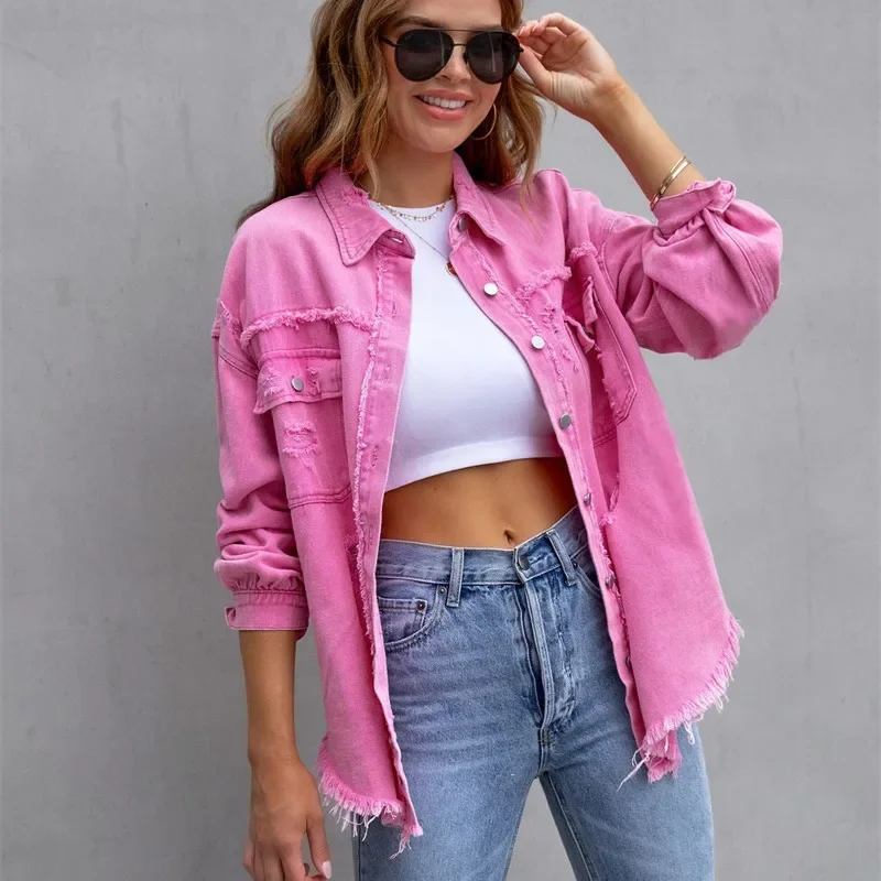 2024 Spring Autumn Shirt Style Denim Jacket Women Holes Raw-edges Jeancoat Casual Tops Female Oversize Loose Outerwear automatic 5 inch center pin punch spring loaded marking starting holes tool wood press dent marker woodwork tool drill bit