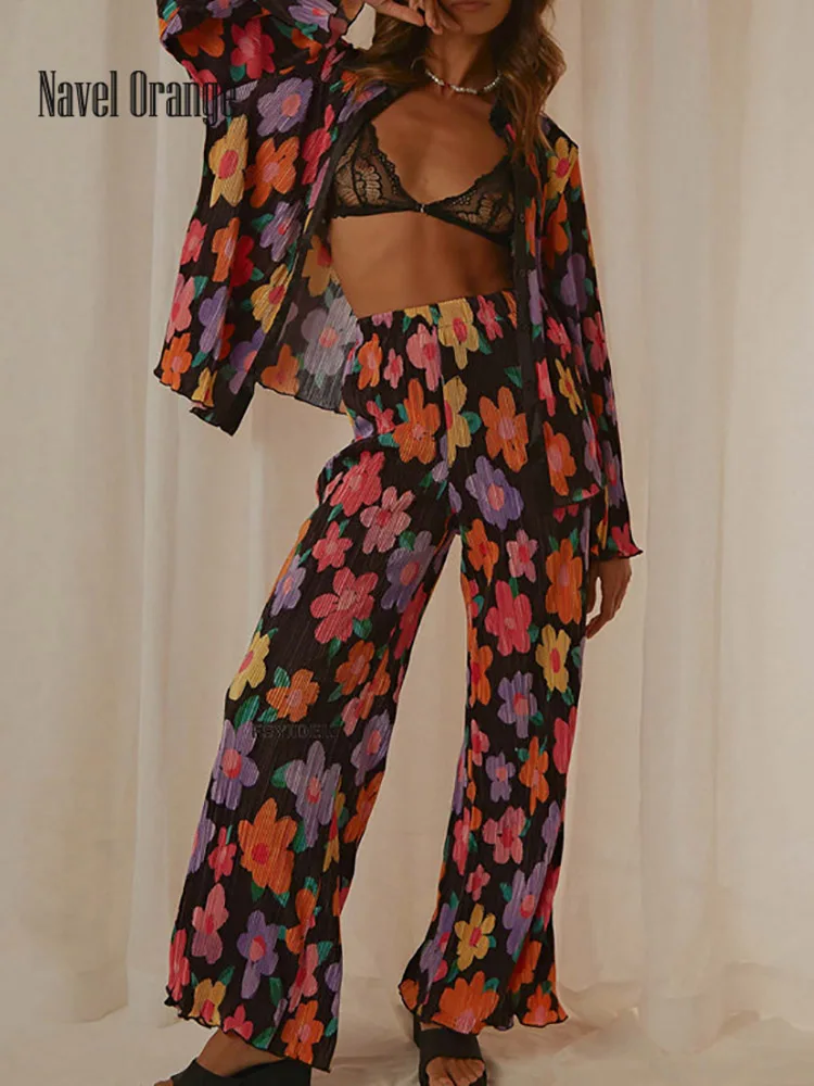 

Women Loungewear Summer Cardigan Top 2PCS Matching Sets Printing Turn-Down Collar Long Sleeve Homewear Ladies Outfit Streetwear