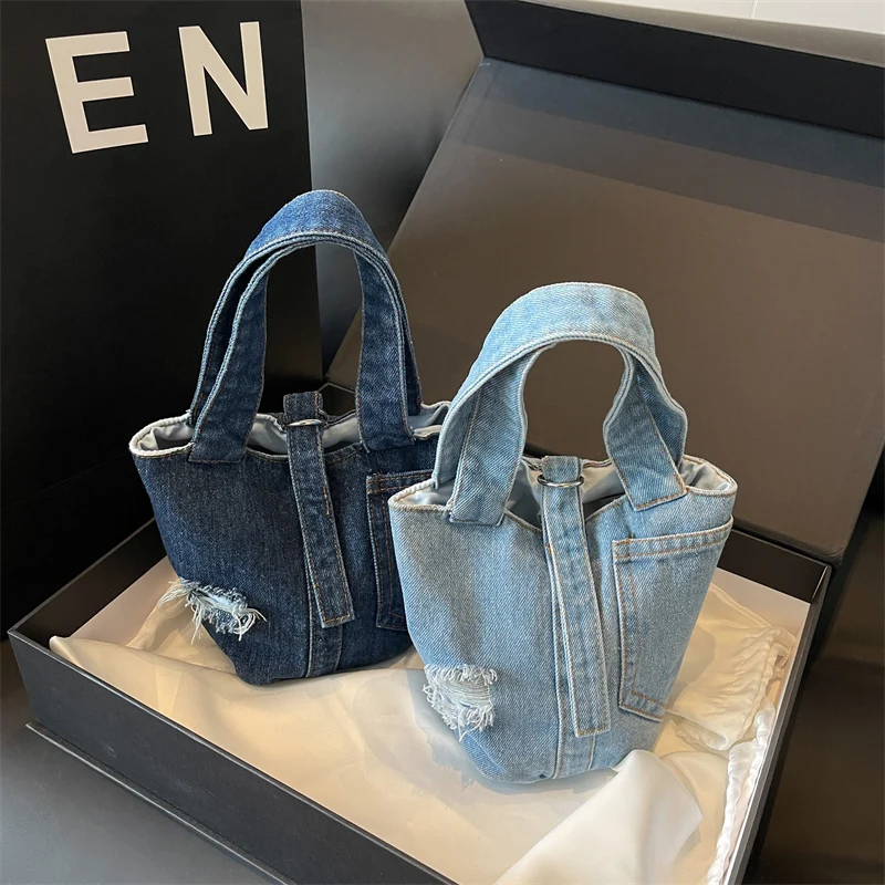 Vintage Denim Women's Bag 2023 New Jeans Bucket Bag Canvas Top Handle Bag Y2K Eco Bag Korean Shopper Female Tote Handbag Design