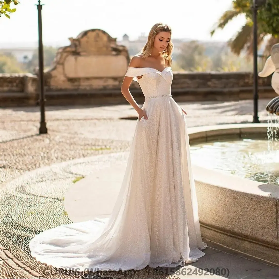 

Блестящие Свадебные платья с открытыми плечами и карманами, роскошные трапециевидные платья со шлейфом для невесты, женское платье для вечеринки