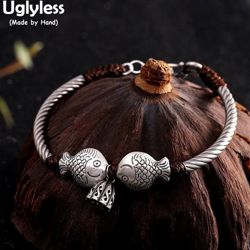 

Uglyless Handmade Kissing Fishes Bracelets for Women Ethnic Rope Bracelets Thai Silver Lotus Charms Vintage Jewelry 925 Silver