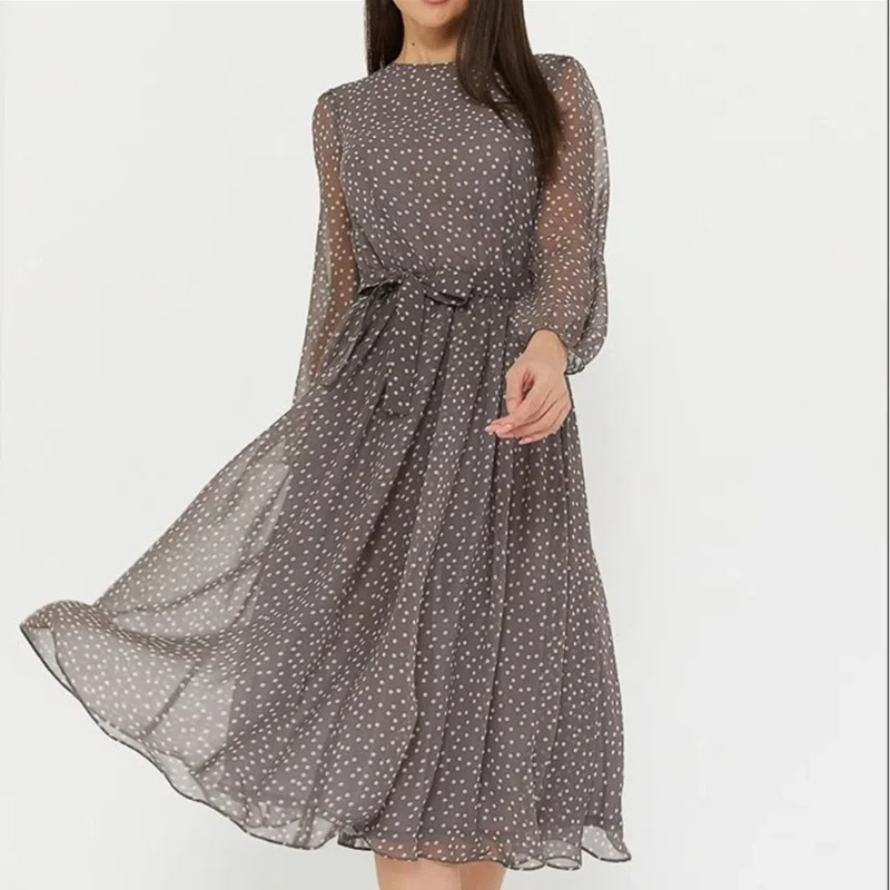 New Autumn Fashion Women's Long-sleeved Crew Neck Dress Elegant Polka Dot Straight Waist Transparent Medium Long Skirt 156