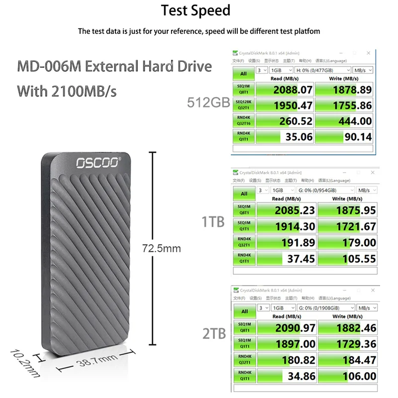 OSCOO ƮϿ  ϵ ̺, ޴ SSD, 512G, 250GB ϵ ũ, 1TB, 2TB