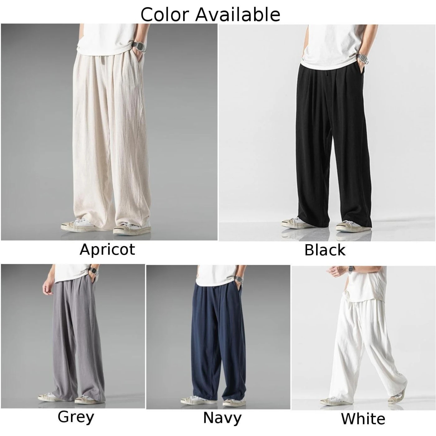 Men\'s Casual Baggy Pants Elastic Waist Straight Trousers in Solid Color Options (Black/Grey/Apricot/White/Navy)