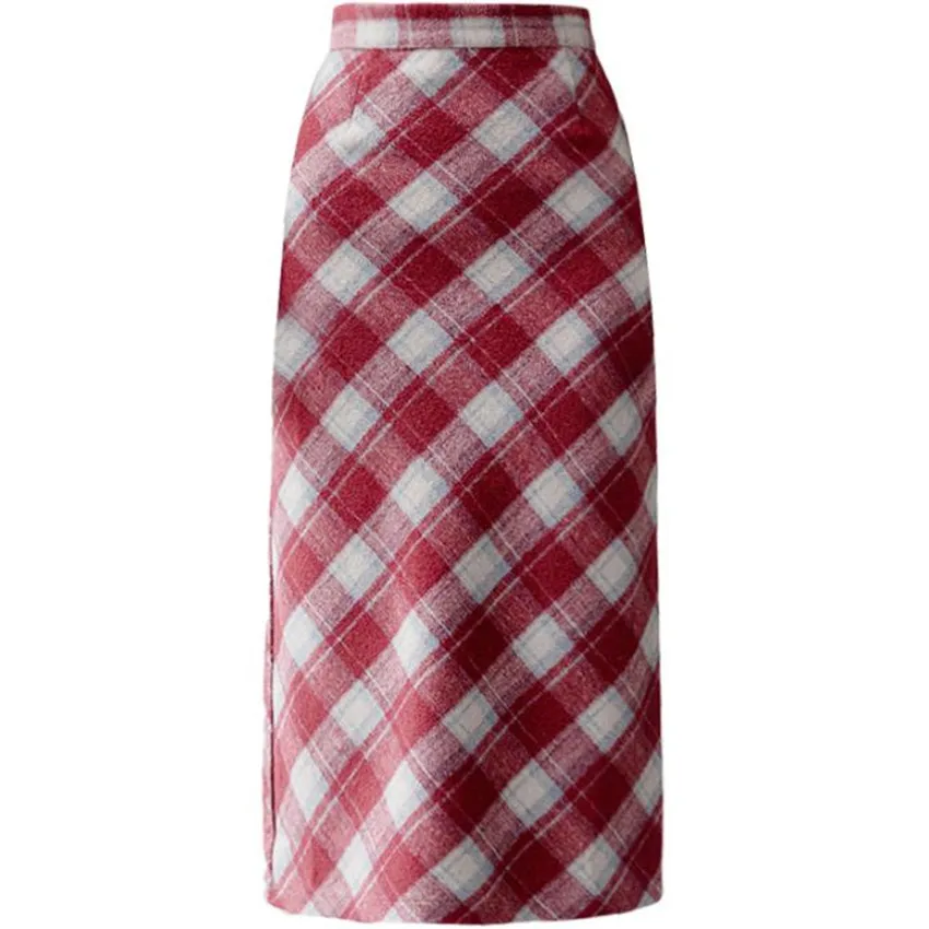 

Winter Retro Plaid Woolen Skirts Women High Waist Package Hip A-line