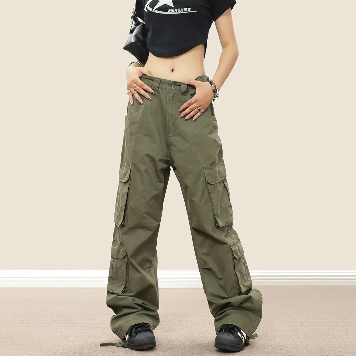 Cargo Pants Multiple Pockets Baggy Harajuku Streetwear Straight Pants Y2k 2000s Women Green Vintage Large Size Fashion Trousers