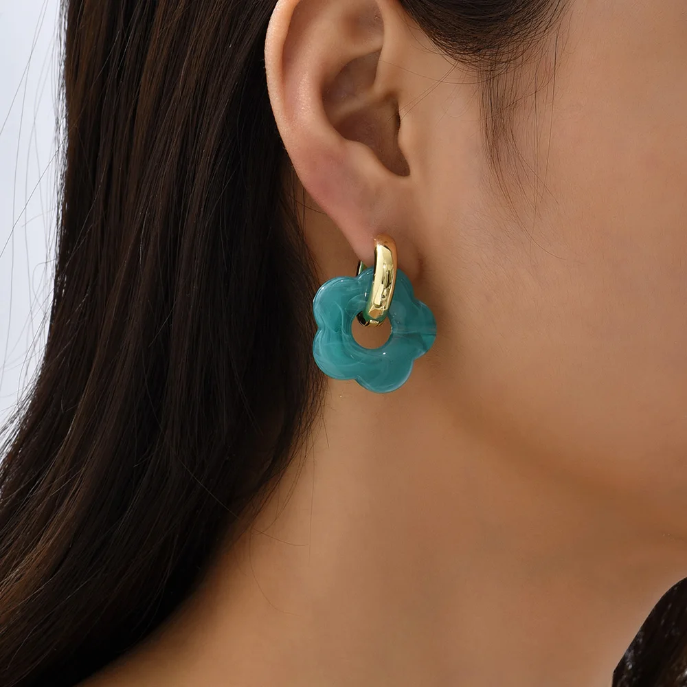 Multicolor Transparent Acrylic Resin Marbling Flower Drop Earrings for Women Gold Color Metal Round Hoop Earings Fashion Jewelry