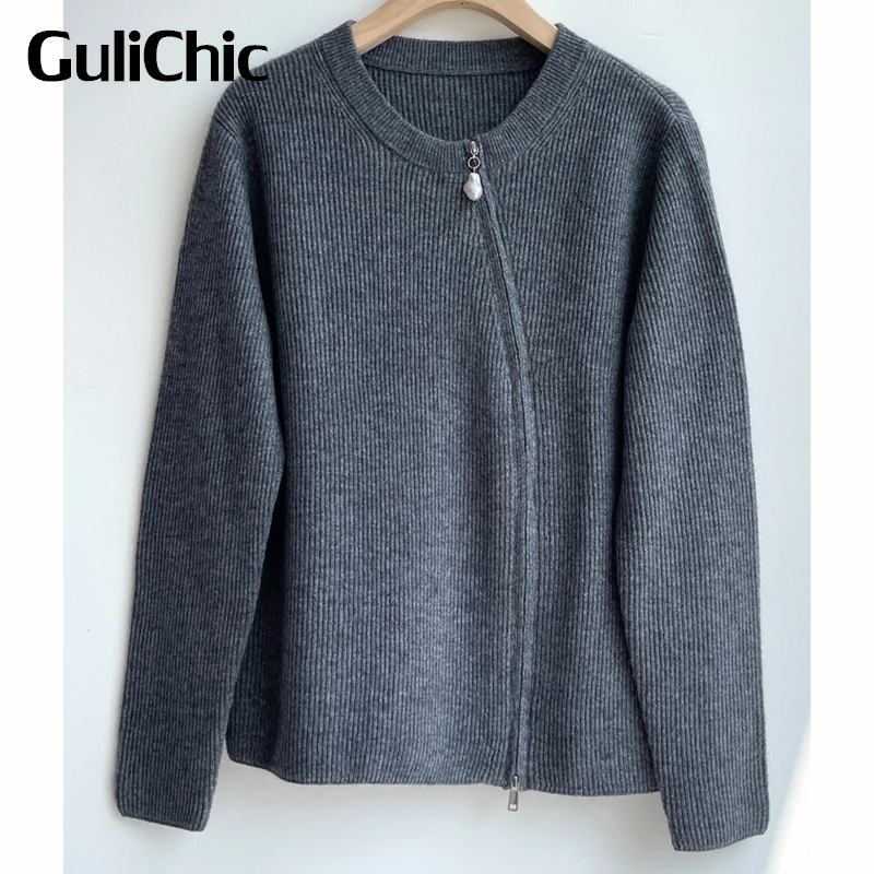 

12.1 GuliChic Casual Round Neck Pearls Zipper Soft Knitted Cashmere Cardigan Sweater Women