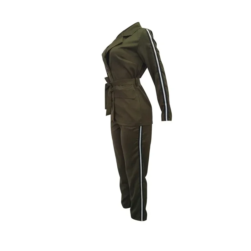 Green Rib Sleeve Blazer with Free Bandage Two Piece Set 2023 Women Solid Color Casual Office Blazer High Waist Pencil Pant Suits