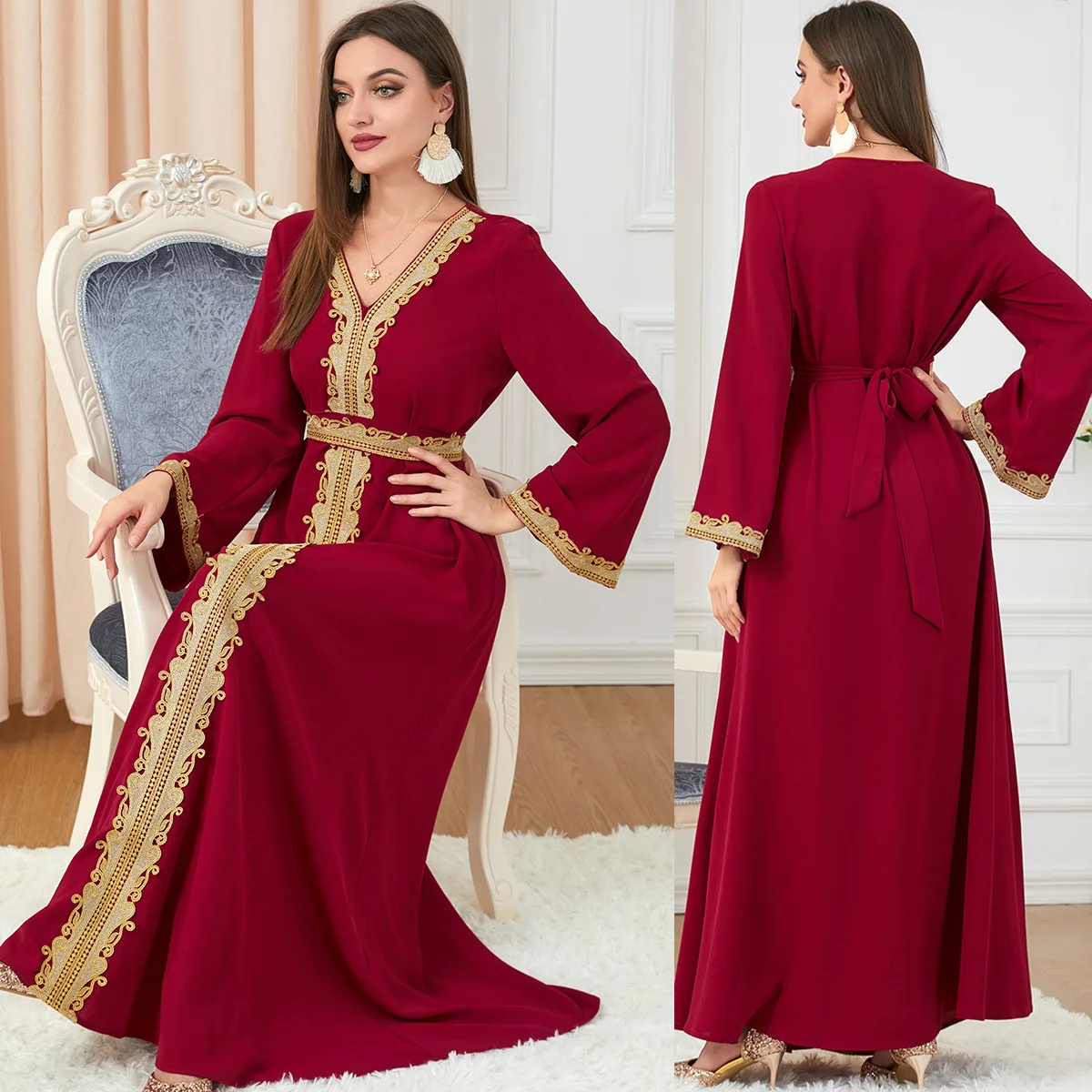 

Dresses For Muslim Women Lace Embroidery V-Neck Long Sleeve Party Maxi Dress With Belt Elegant Moroccan Kaftan Turkey Wears