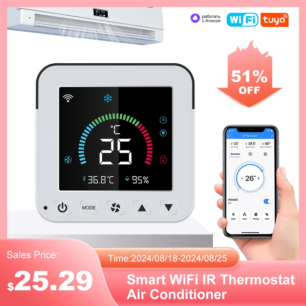 Smart Life Tuya WiFi Thermostat Air Conditioner IR Temperature Humidity Infrared Controller LCD USB Power Google Home Alexa