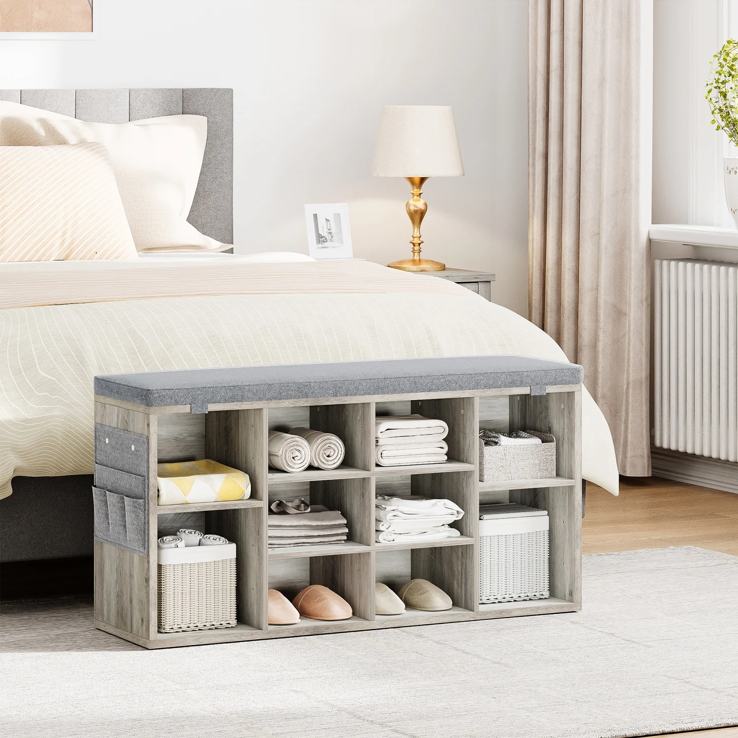 Schuhbank mit Kissen, Schuhaufbewahrungsbank mit 10 Fächern und verstellbaren Regalen, Eingangsbank für Schlafzimmer und Wohnzimmer – Detail 15