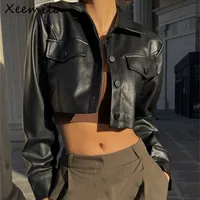 Xeemilo Autumn Faux Leather Short Jacket Y2K Turn-down Collar Fashion Botton Decoration PU Coat 2022 Grunge Street Casual Coats 1