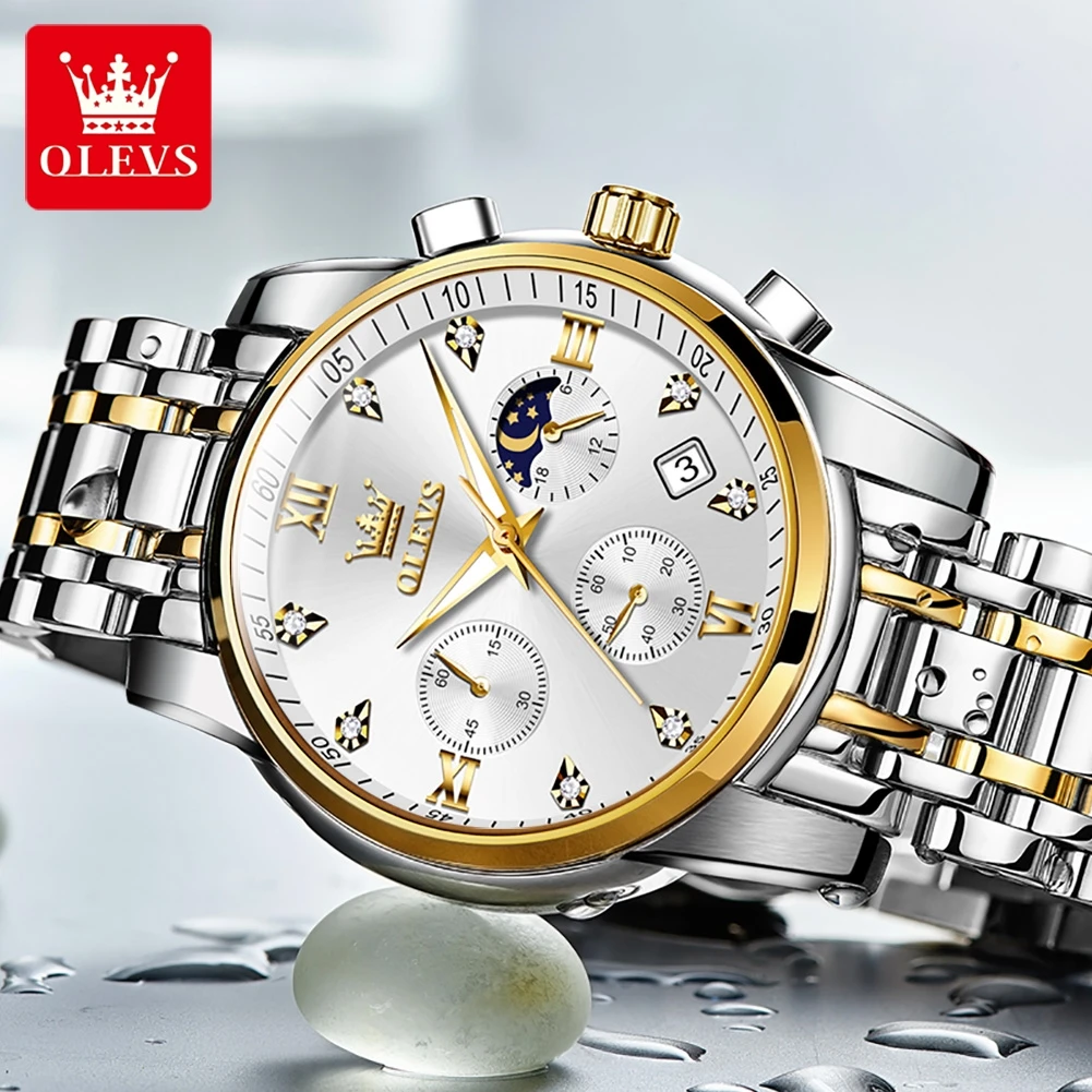 OLEVS Luxury Top Brand Quartz Watch for Men Stainless Steel Waterproof Chronograph Sports Date Clock Moon Phase Men's Wristwatch