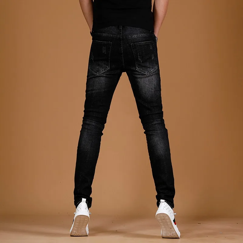 Casual Patchwork Zipper Black Jeans Men Streetwear Slim Fit Pencil Pants Cotton Stretch Denim Trousers