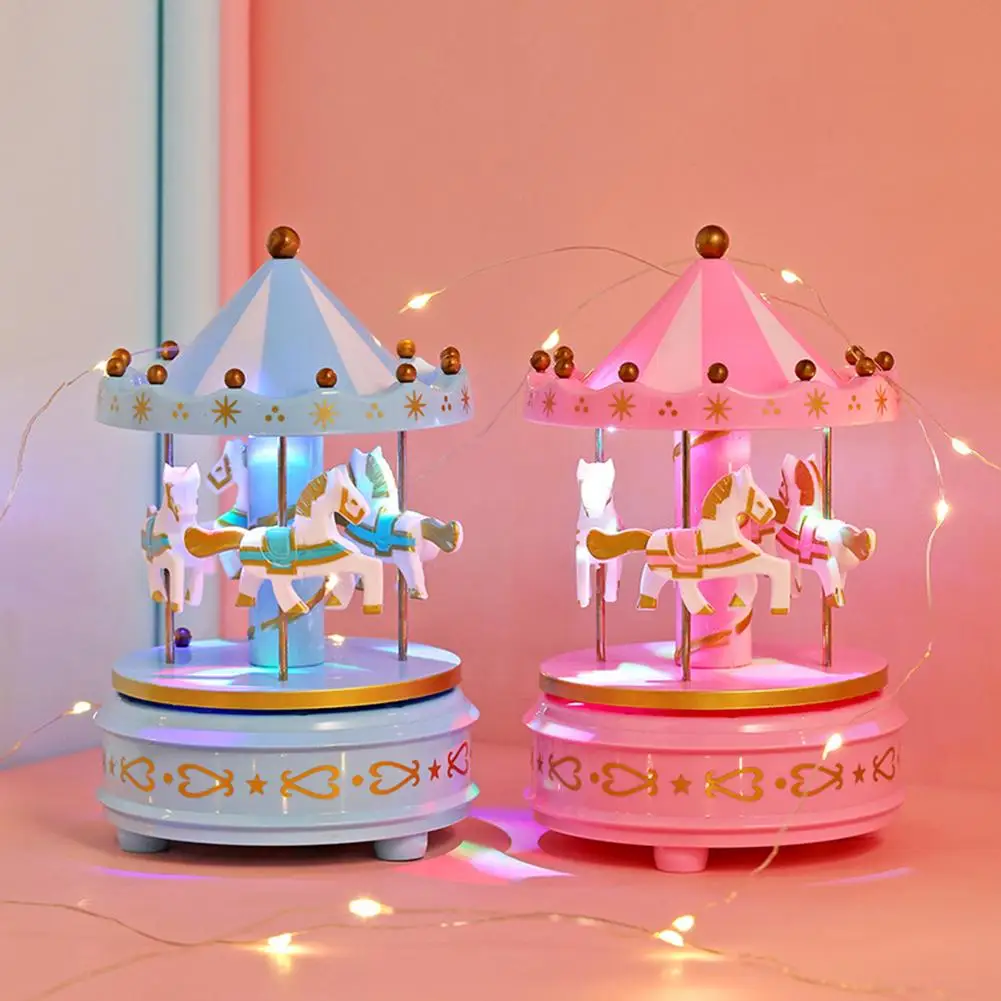 Merry-go-round Music Boxes With LED Lights Wooden Horse Carousel Box Birthday Gift Baby Room Decoration