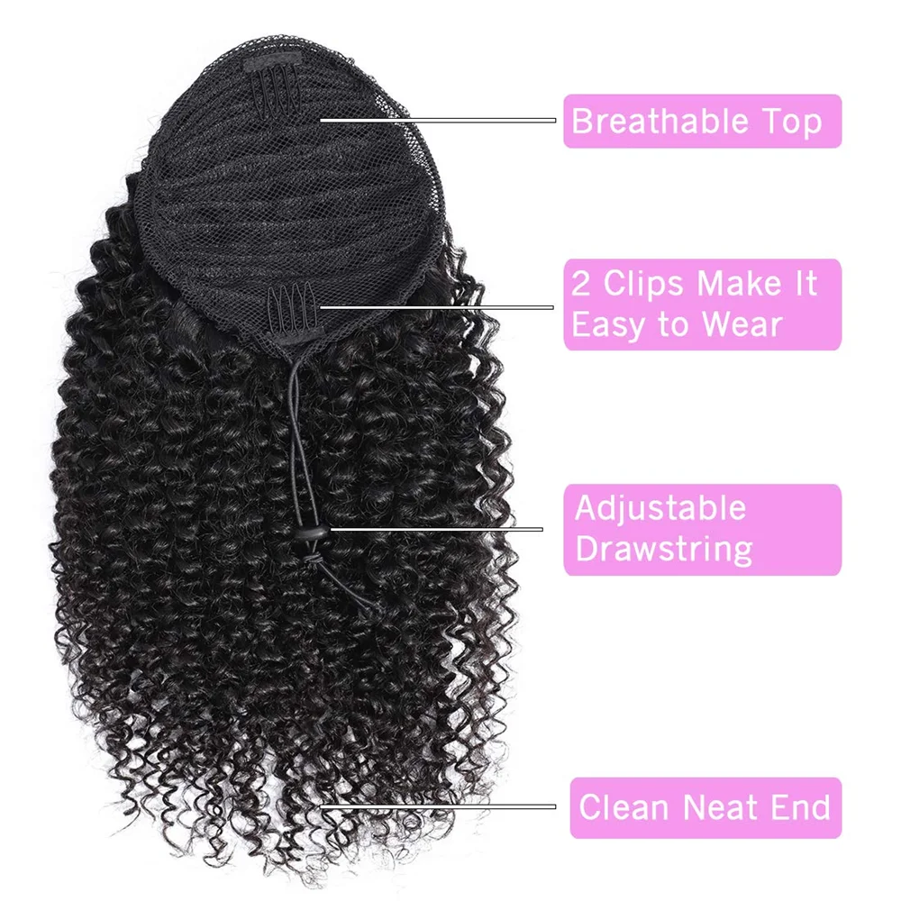 Kinky Curly Human Hair Ponytail Clip in Extensions 100% Brazilian Hair Drawstring Clip in Ponytail Hair Extensions Natural Color
