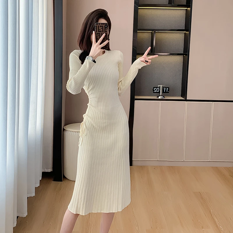 

2023 Autumn/Winter New Slim Style Drawstring Mid length Bottom Long Dress with Coat Underlay Mid length Woolen Dress