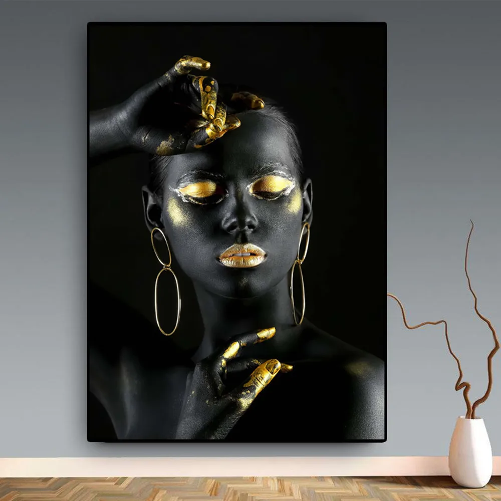 

African Woman Canvas Painting, Golden Decoration, Wall Art Poster, Print for Living Room, Bedroom Decor, Aesthetic Murals