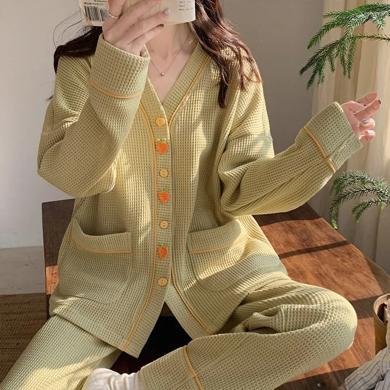 2024 New Sweet Women Pure Cotton Pajamas Spring Autumn Female Waffle V-neck Long Sleeve Homewear Suit Casual Loose Sleepwear