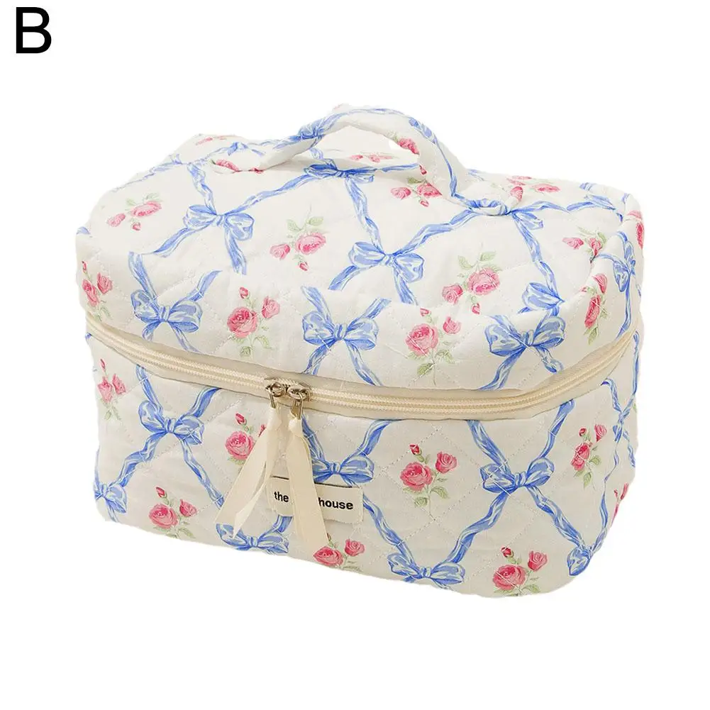 Women Cute Bow Flower Zipper Quilting Cotton Makeup Bag