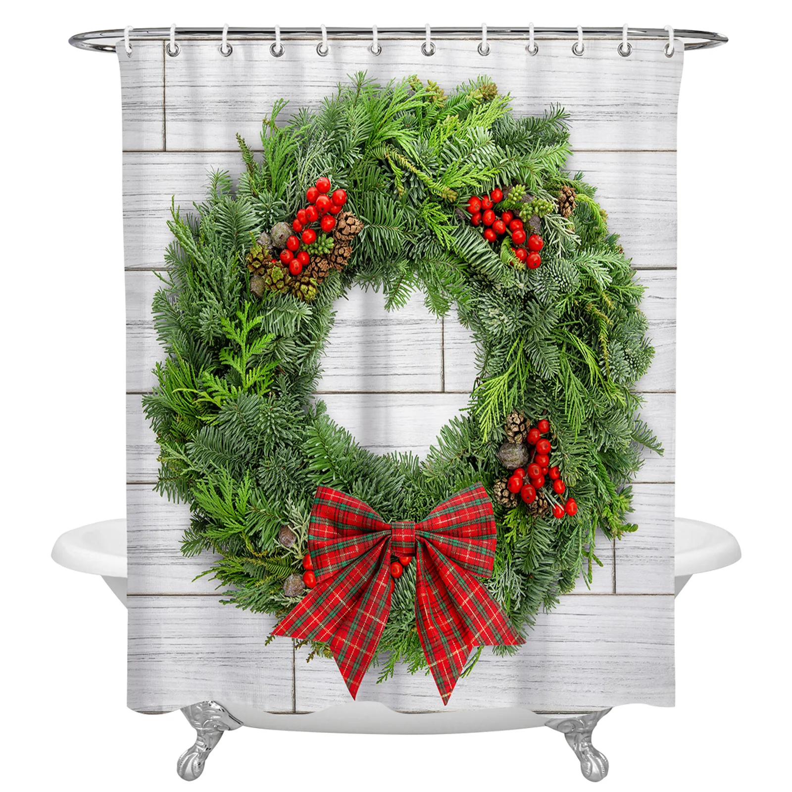 

Christmas Pine Needle Wreath Wood Grain Shower Curtains Waterproof Bath Curtains Home Decor Modern Luxury Bathroom Curtain