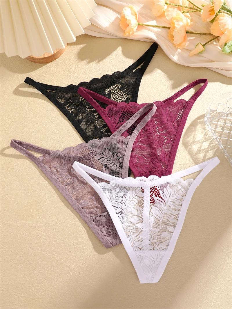 5Pcs hollow out leaf print thongs transparent women's panties sexy lace G string solid thin low waist lingerie women panties female underwear womens underwear