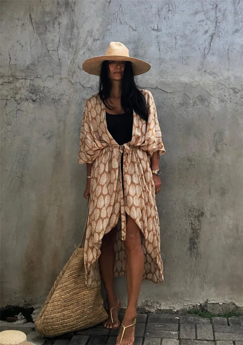 Women Plus Size Long Cover up Bikini Coverups Kimono Tie Front Bathing Suit Swimsuit Beachwear 3