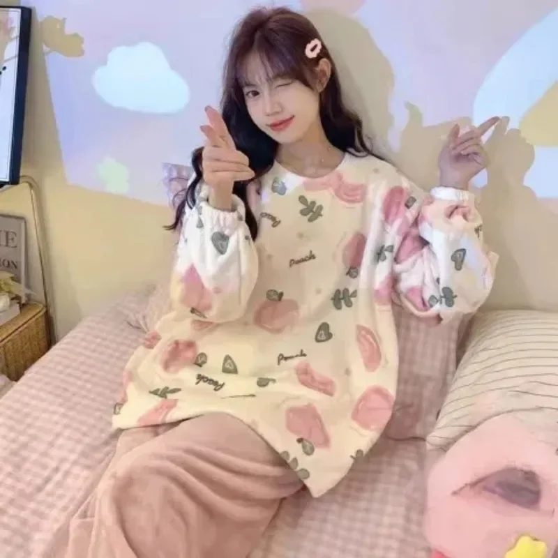 

Autumn Winter New Warm Flannel Women's Pajamas Set Long-sleeved Trousers Two-piece Set Cute Soft Home Wear Clothes for Women2024