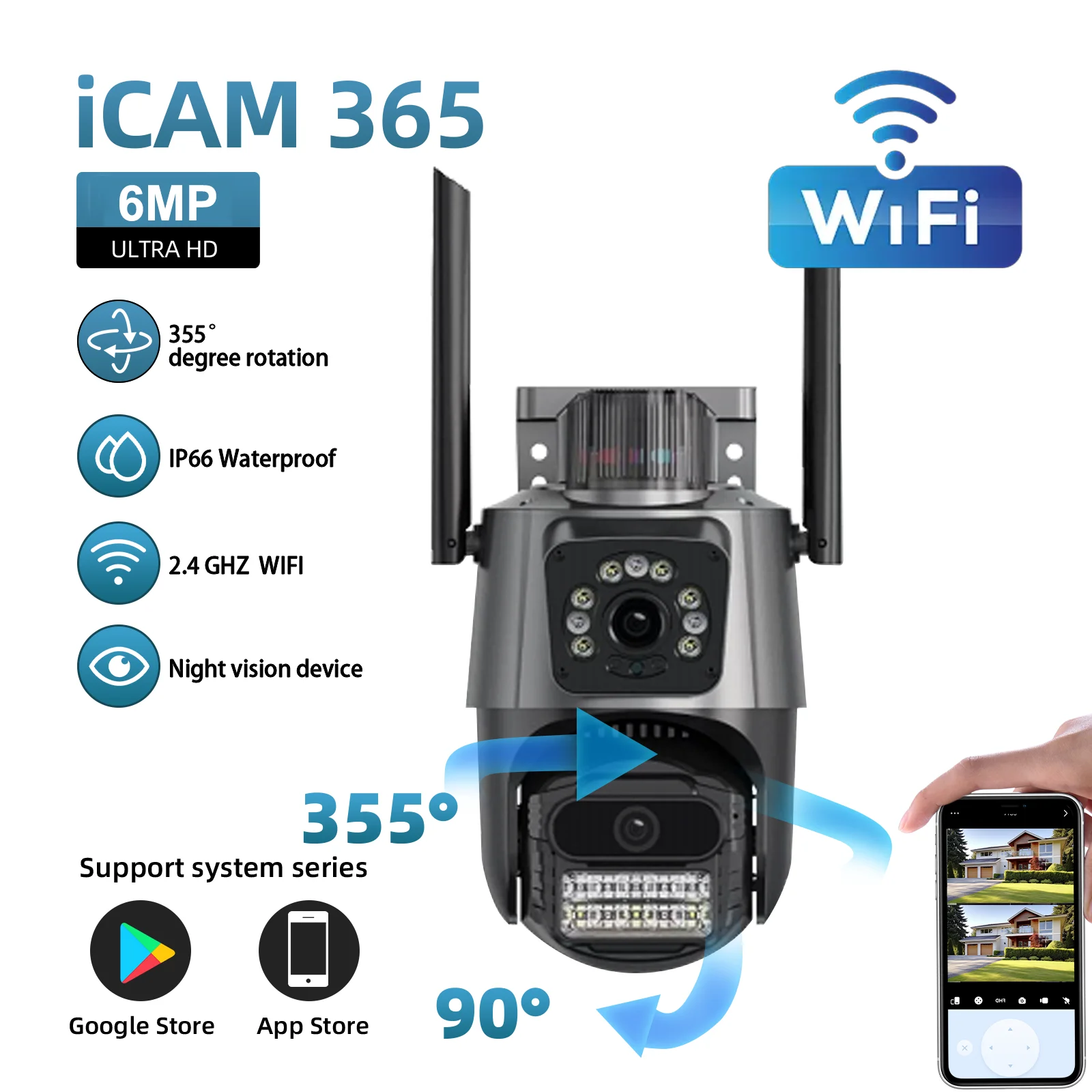 Cámaras de Seguridad Wifi 6MP iCSee Hogar Inteligente: Doble Objetivo, Visión Nocturna, Detección de Movimiento, Vigilancia al Aire Libre y Monitor para Bebés y Mascotas