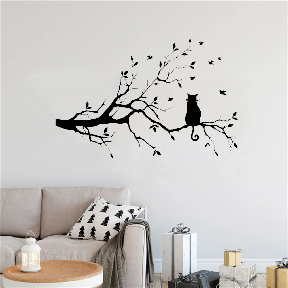 Wall Stickers Wall Sticker Home Decoration Accessories Cat On Tree Branch Wall Sticker Living Room Sofa Background Bedroom Home Decoration Animal Decals Wallpaper Hand Carved Stickers