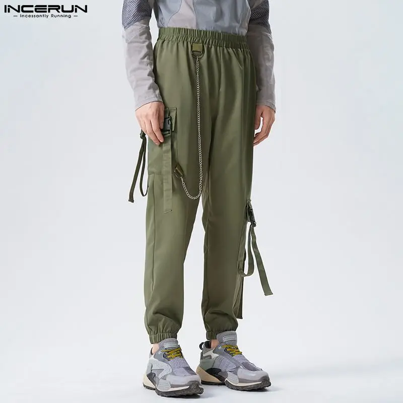 

Stylish All-match Pants INCERUN Men Chain Schoolbag Buckle Trousers Casual Streetwear Male Solid All-match Cargo Pantalons S-5XL