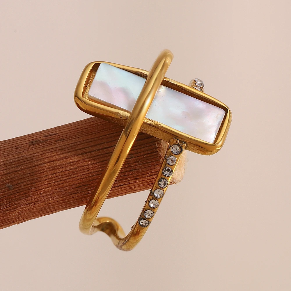 E.B.belle Double Layers Luxury Rhinestone White Rectangle Shell Cuff Ring Stainless Steel Women Party Dating Jewelry Accessories
