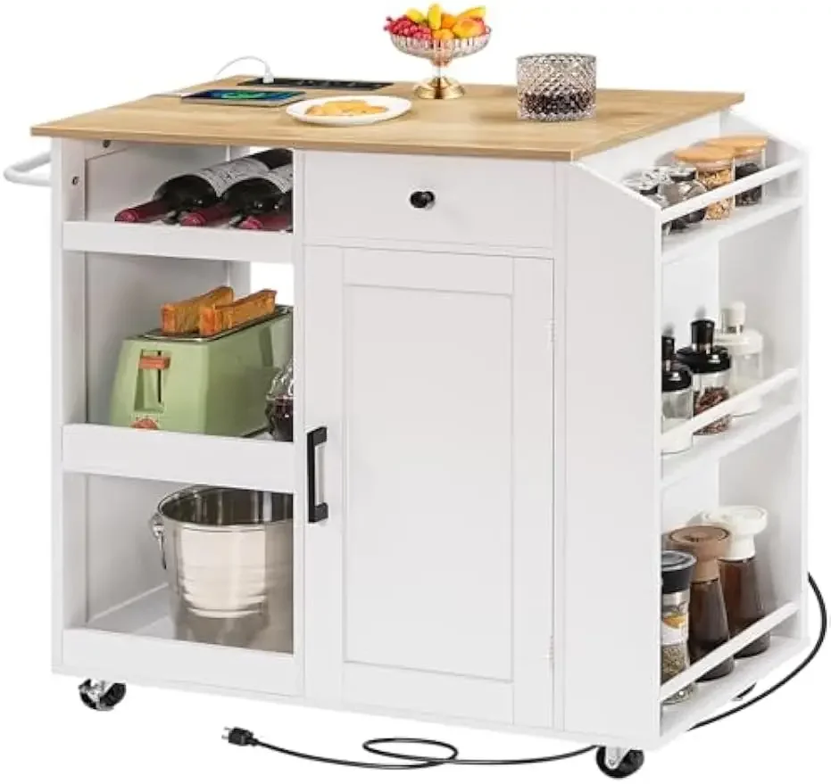Nordic Kitchen Island with Power Outlet, Storage with Drawer, Spice, Towel, Wine Rack, Rolling Cart