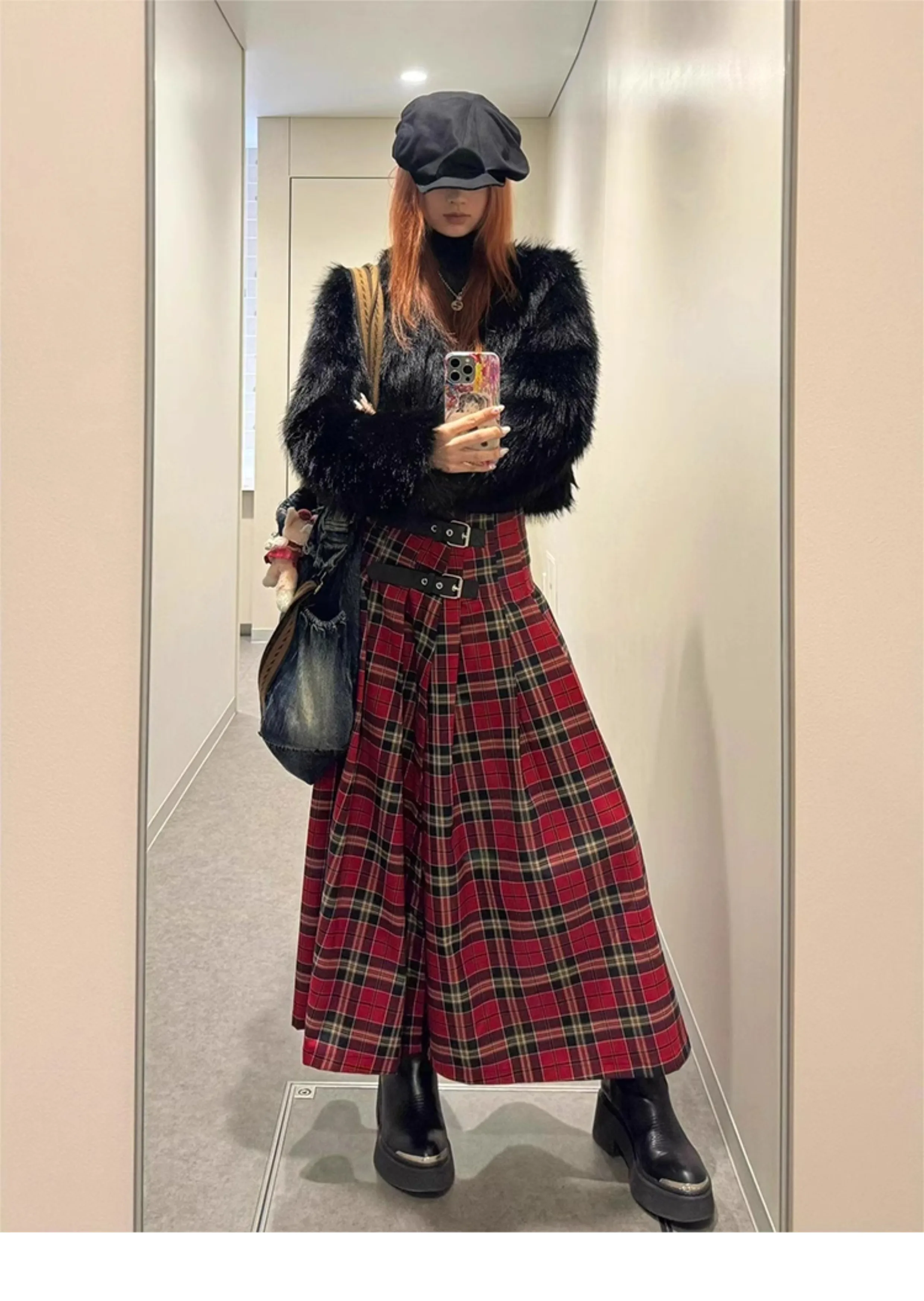 French Retro Red Plaid A-Line Long Skirt for Women High Waist Straight Mid-Length Split Pleated Skirts Streetwear Y2k Spring
